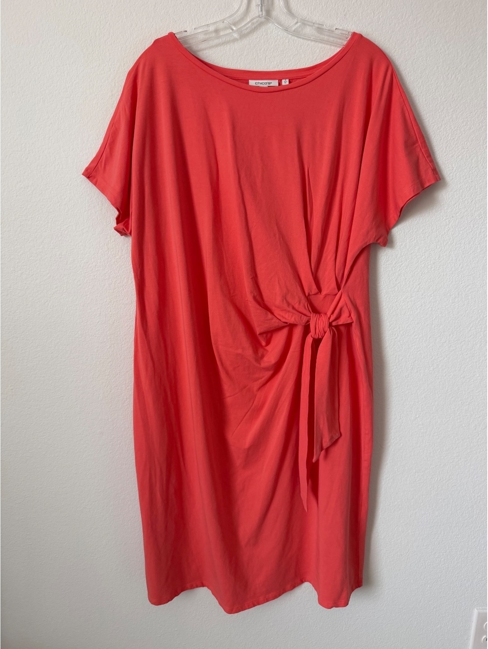Chico’s Short Sleeve Round Neck Tie Side Coral T-Shirt Dress Women's Size 3 (XL)